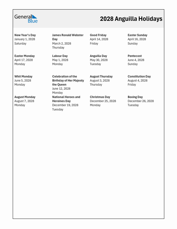 Free printable list of Anguilla holidays for year 2028