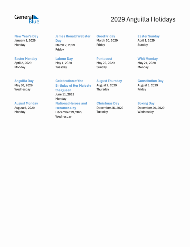 Free printable list of Anguilla holidays for year 2029