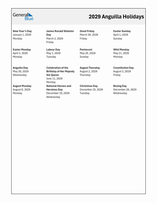 Free printable list of Anguilla holidays for year 2029