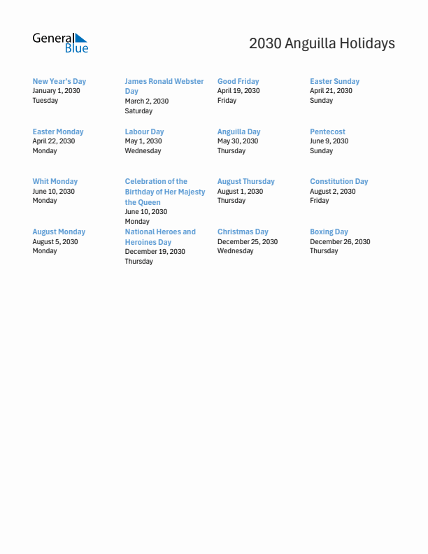 Free printable list of Anguilla holidays for year 2030