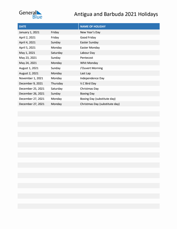 Free printable list of Antigua and Barbuda holidays for year 2021