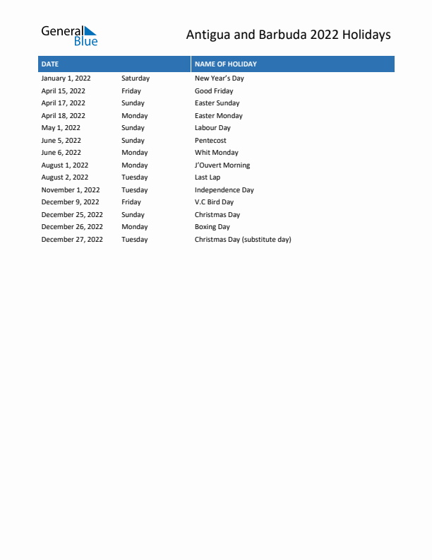 Free printable list of Antigua and Barbuda holidays for year 2022