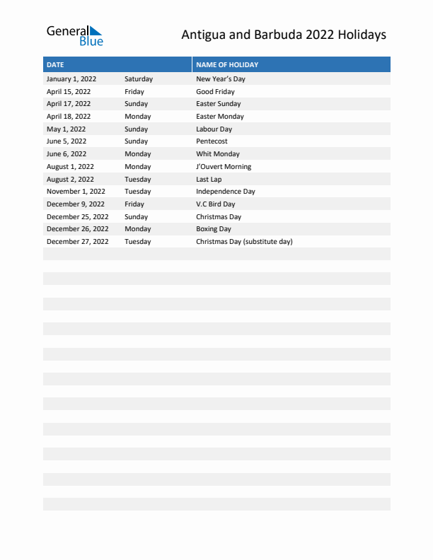 Free printable list of Antigua and Barbuda holidays for year 2022