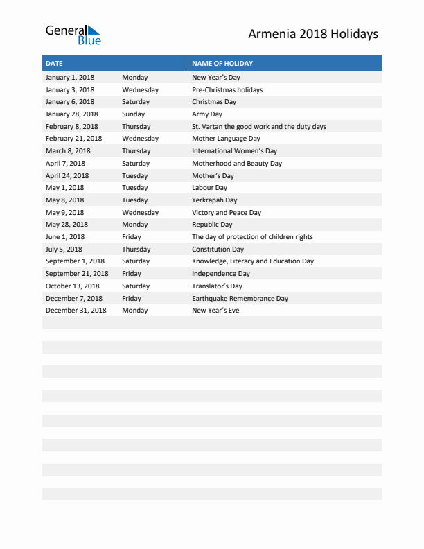 Free printable list of Armenia holidays for year 2018