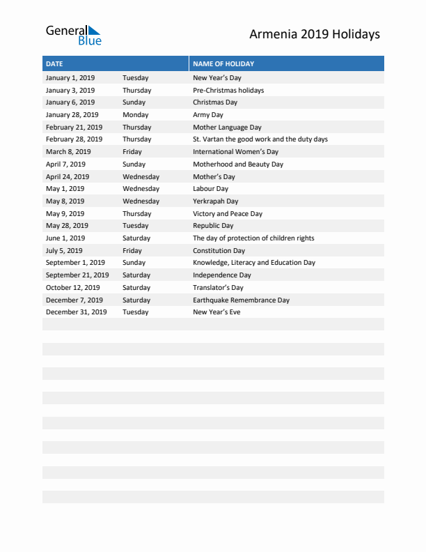 Free printable list of Armenia holidays for year 2019