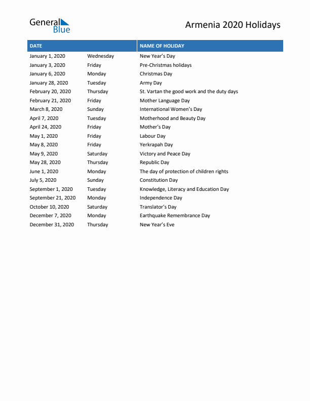 Free printable list of Armenia holidays for year 2020