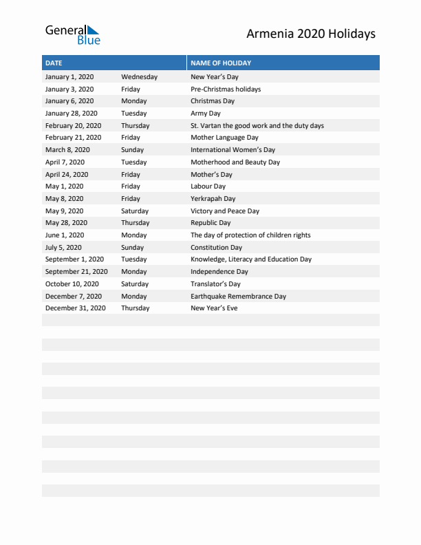 Free printable list of Armenia holidays for year 2020