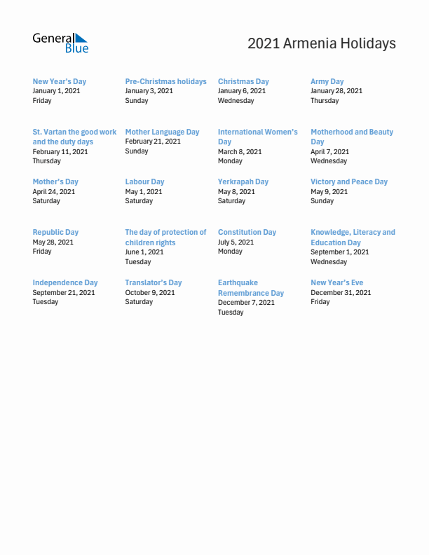 Free printable list of Armenia holidays for year 2021