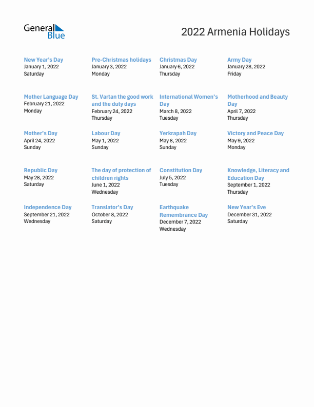 Free printable list of Armenia holidays for year 2022