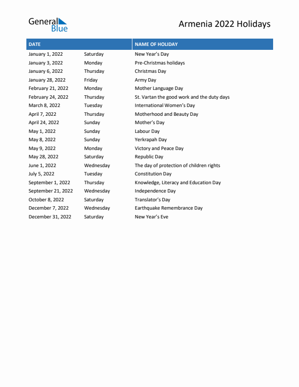 Free printable list of Armenia holidays for year 2022