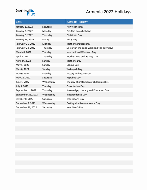 Free printable list of Armenia holidays for year 2022