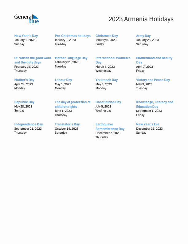 Free printable list of Armenia holidays for year 2023