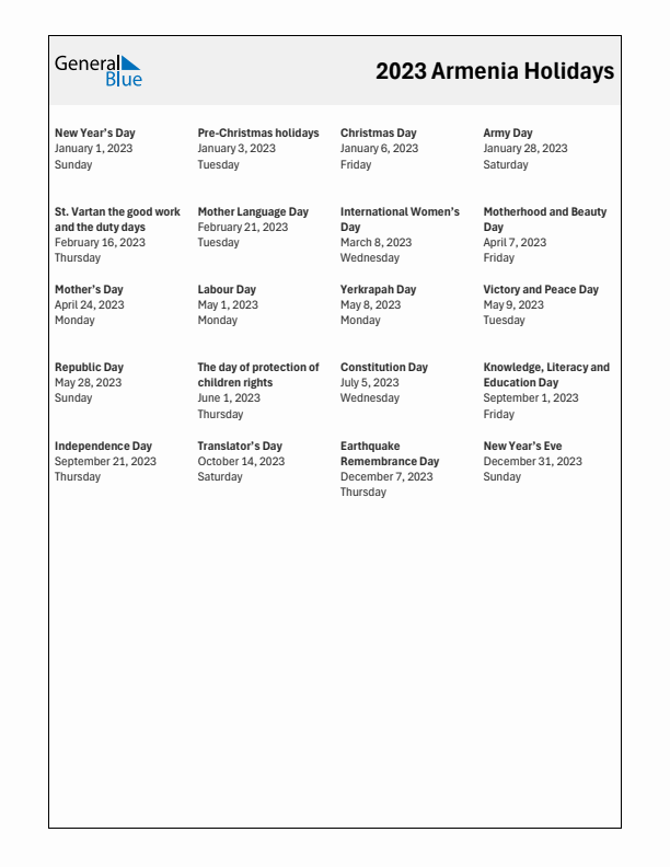 Free printable list of Armenia holidays for year 2023