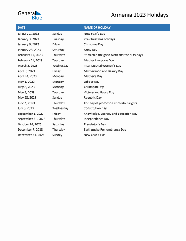 Free printable list of Armenia holidays for year 2023