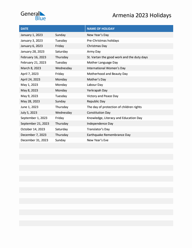 Free printable list of Armenia holidays for year 2023