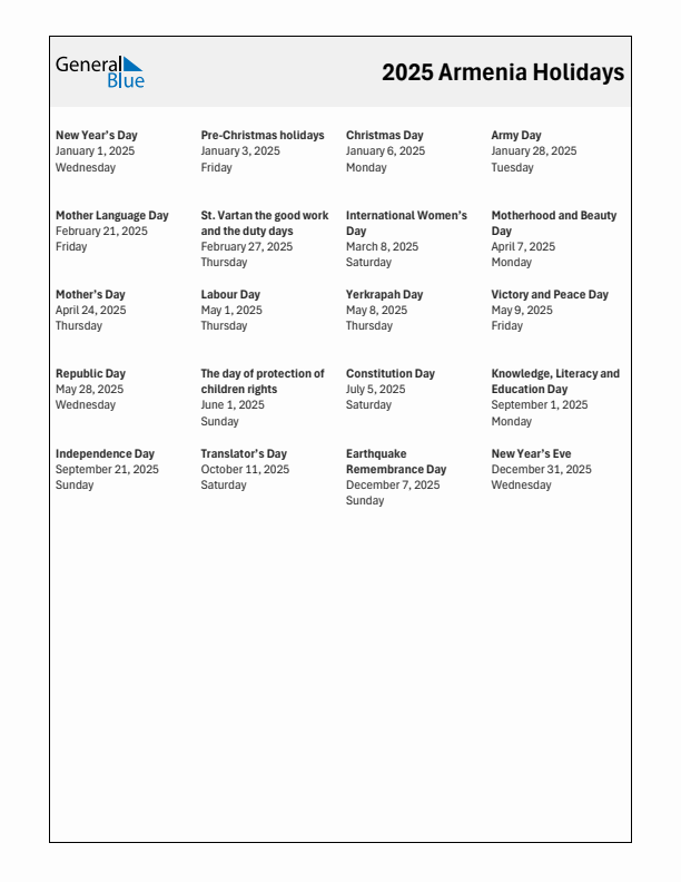 Free printable list of Armenia holidays for year 2025