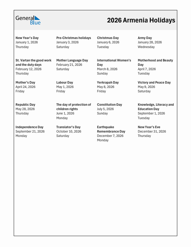 Free printable list of Armenia holidays for year 2026