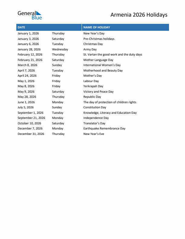 Free printable list of Armenia holidays for year 2026