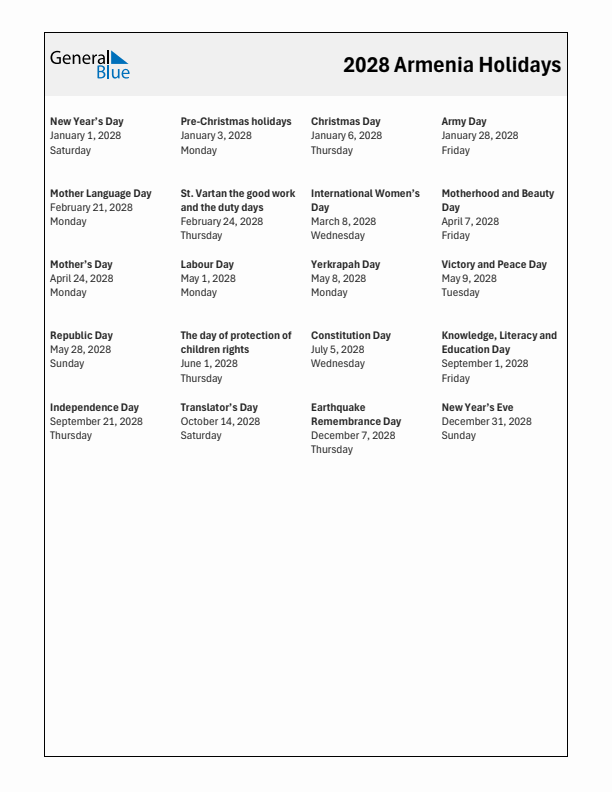 Free printable list of Armenia holidays for year 2028