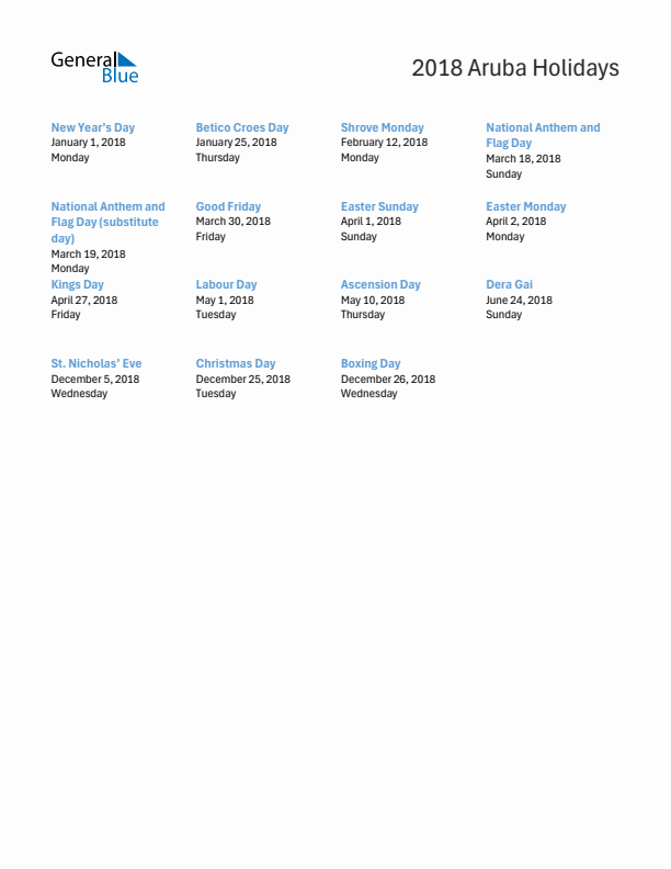 Free printable list of Aruba holidays for year 2018