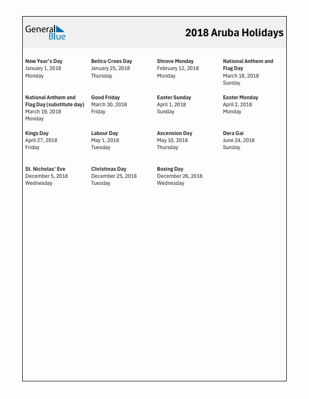 Free printable list of Aruba holidays for year 2018