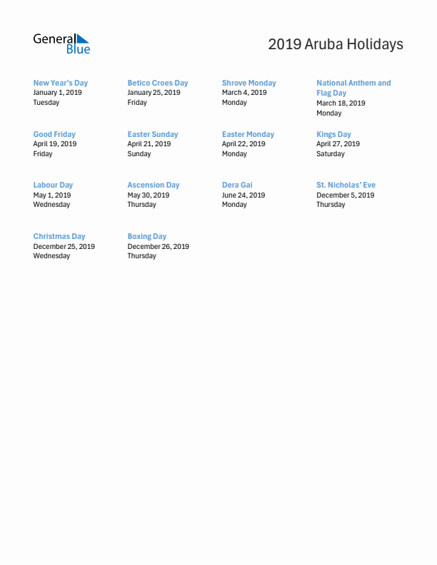 Free printable list of Aruba holidays for year 2019