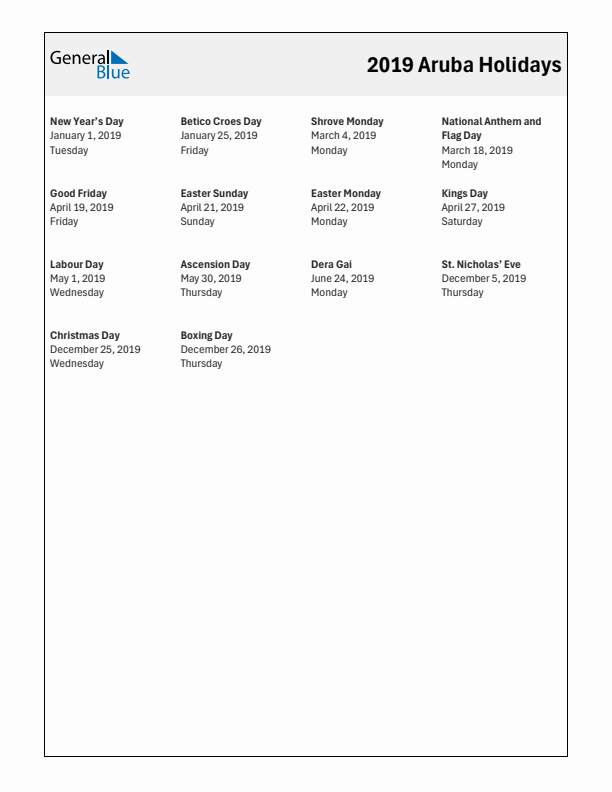 Free printable list of Aruba holidays for year 2019