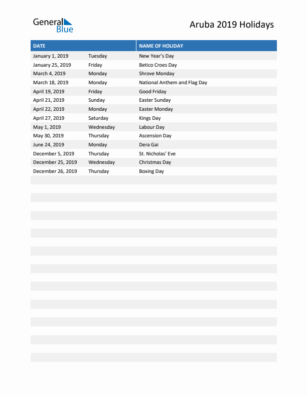 Free printable list of Aruba holidays for year 2019