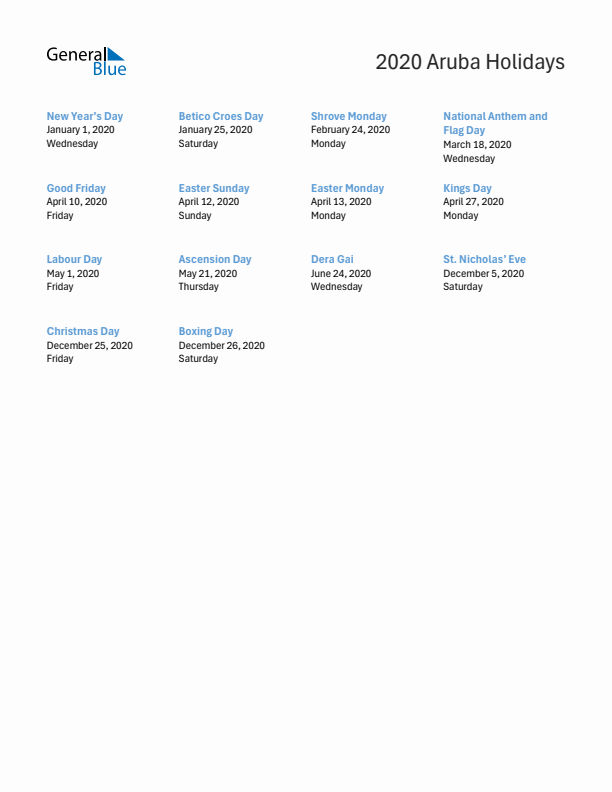 Free printable list of Aruba holidays for year 2020