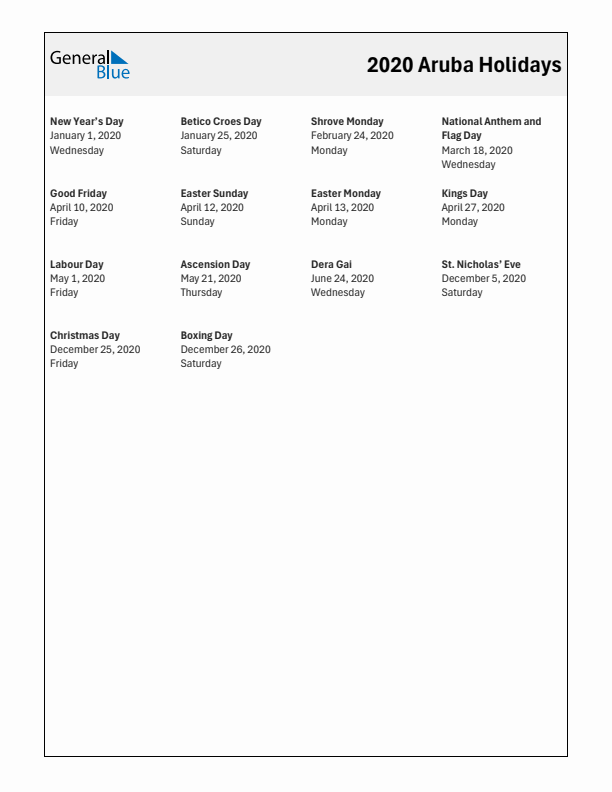 Free printable list of Aruba holidays for year 2020