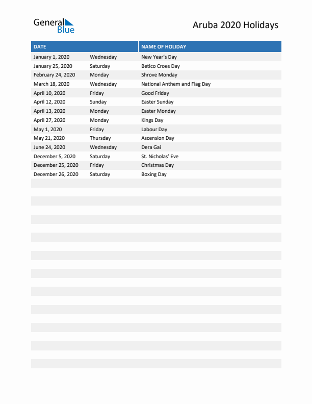 Free printable list of Aruba holidays for year 2020