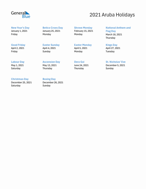 Free printable list of Aruba holidays for year 2021