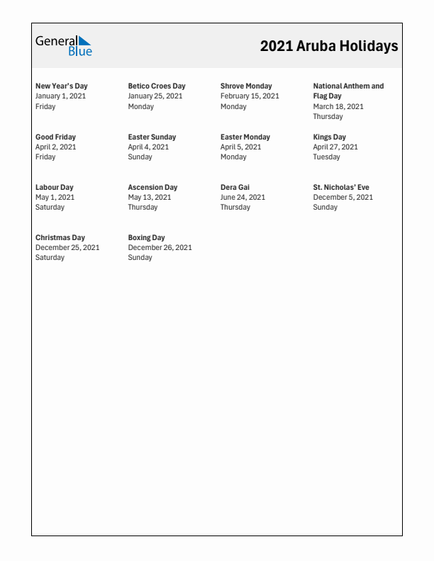 Free printable list of Aruba holidays for year 2021