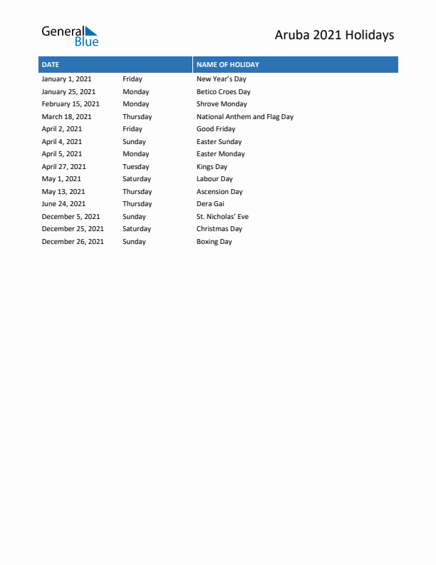 Free printable list of Aruba holidays for year 2021