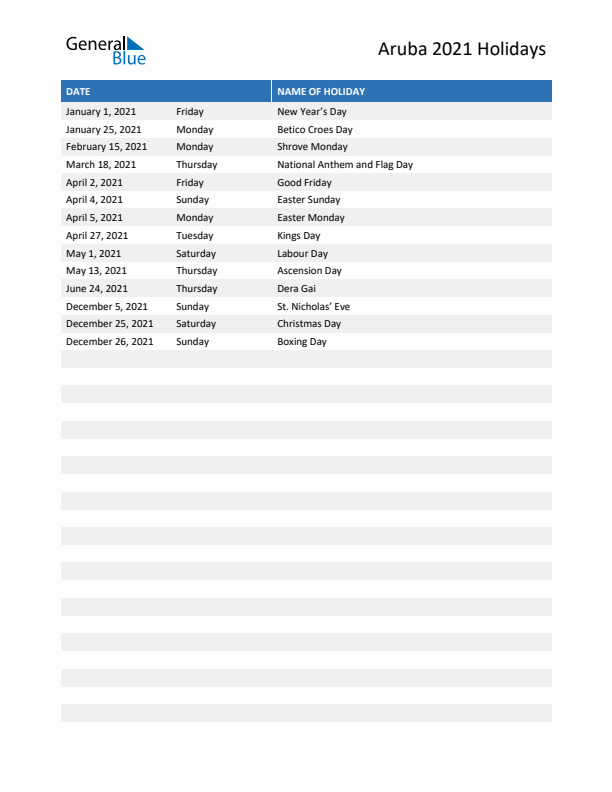 Free printable list of Aruba holidays for year 2021