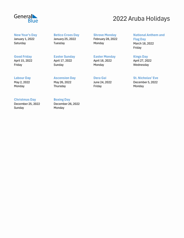 Free printable list of Aruba holidays for year 2022