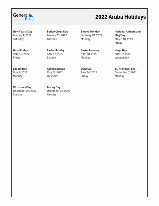 Free printable list of Aruba holidays for year 2022