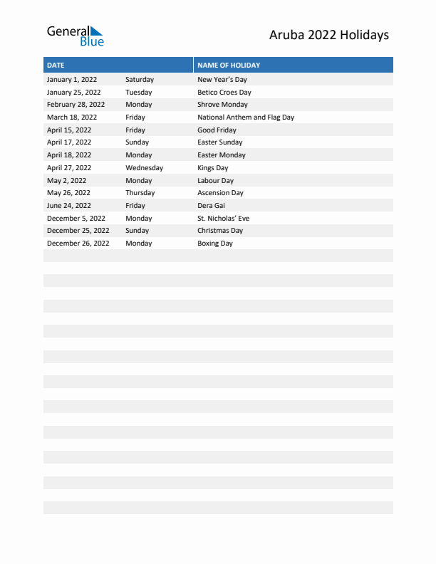 Free printable list of Aruba holidays for year 2022