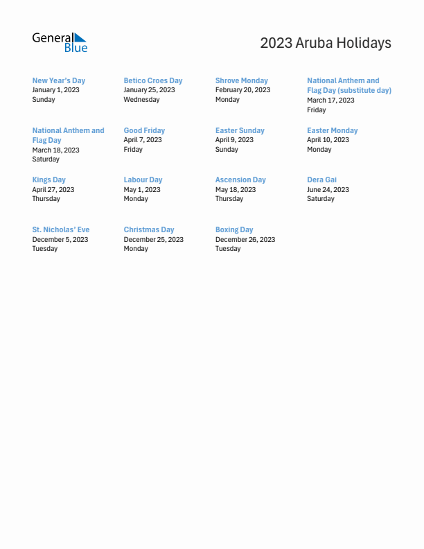 Free printable list of Aruba holidays for year 2023