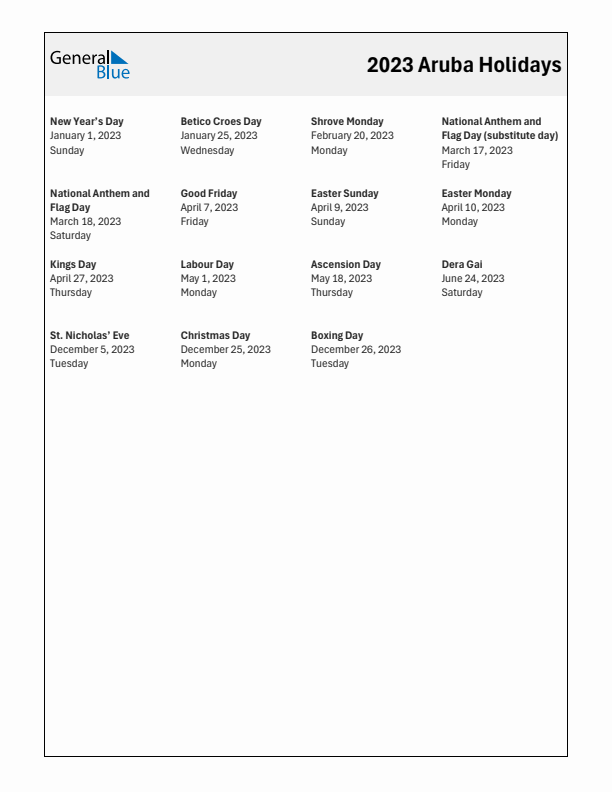 Free printable list of Aruba holidays for year 2023