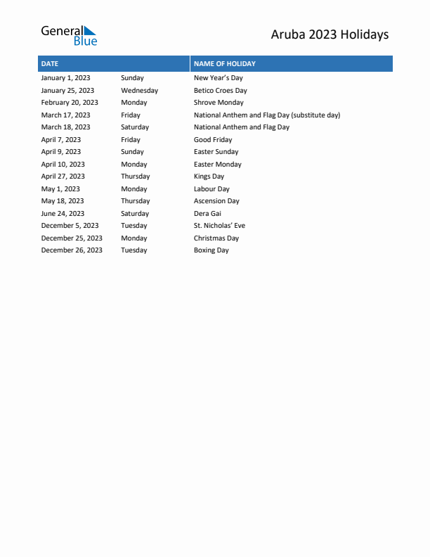 Free printable list of Aruba holidays for year 2023