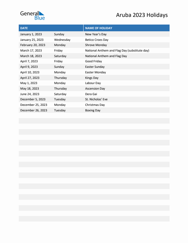 Free printable list of Aruba holidays for year 2023