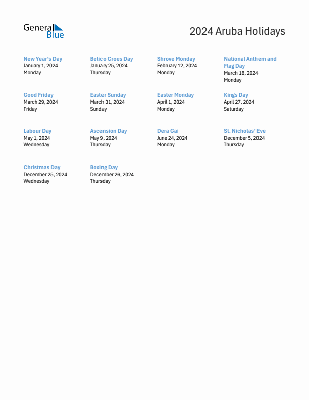 Free printable list of Aruba holidays for year 2024