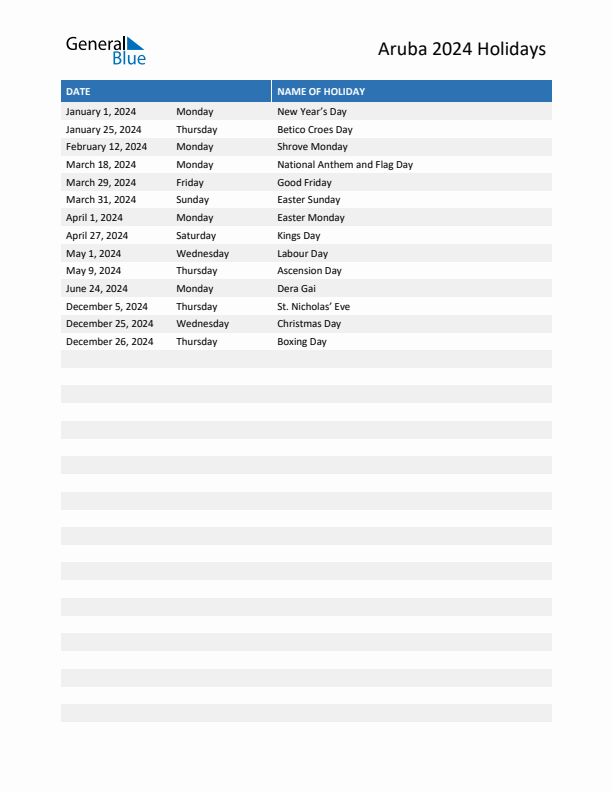 Free printable list of Aruba holidays for year 2024