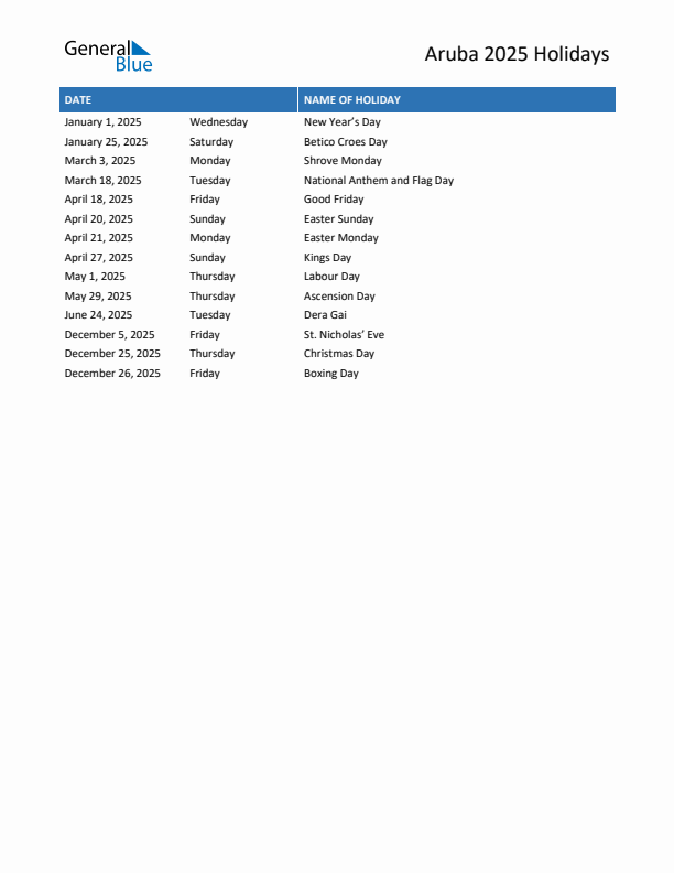 Free printable list of Aruba holidays for year 2025