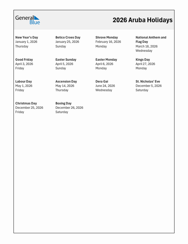 Free printable list of Aruba holidays for year 2026