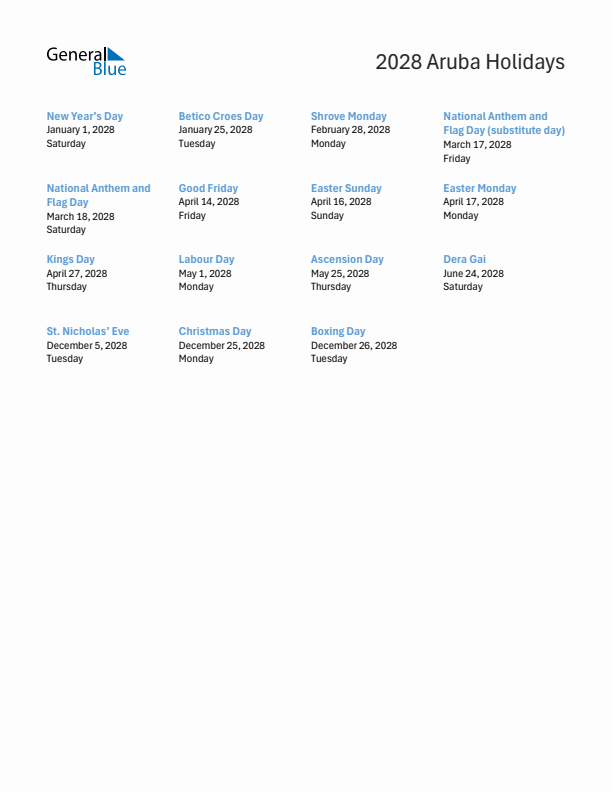 Free printable list of Aruba holidays for year 2028