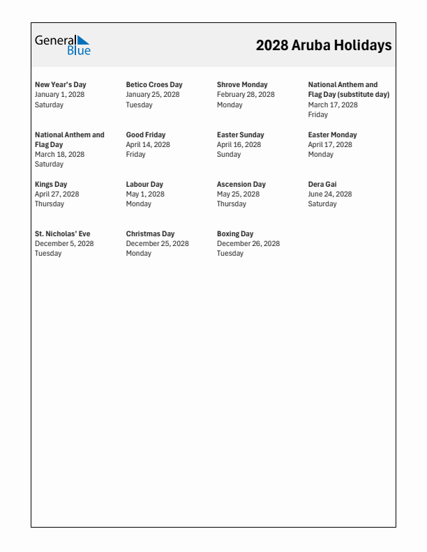 Free printable list of Aruba holidays for year 2028