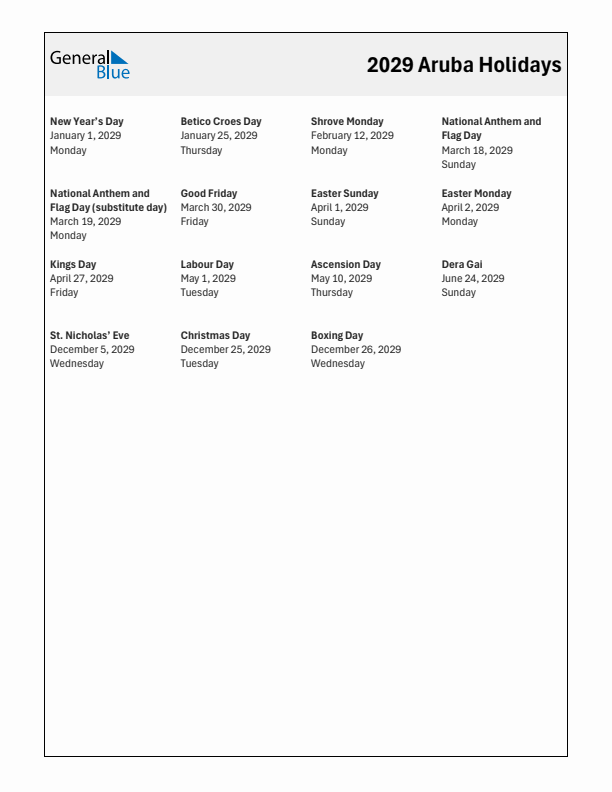 Free printable list of Aruba holidays for year 2029