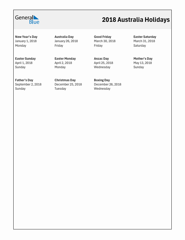 Free printable list of Australia holidays for year 2018